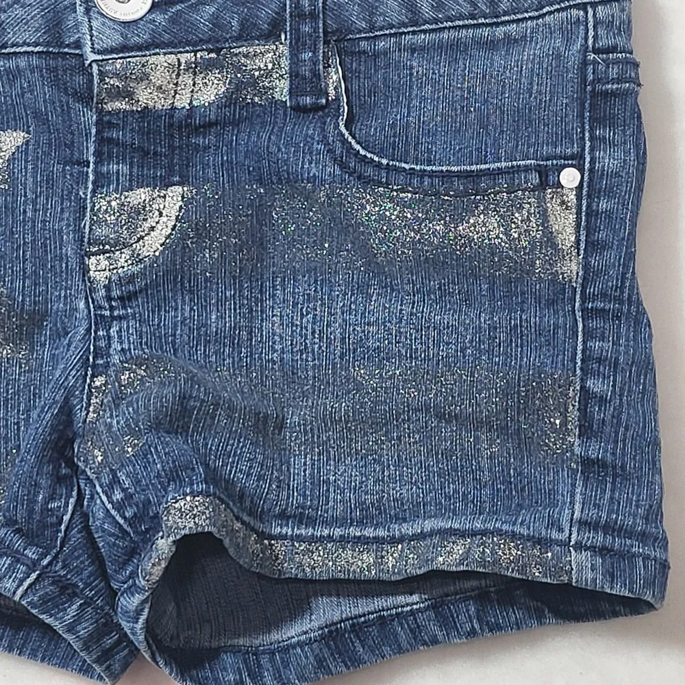 SO Authentic American Heritage Girls Denim Shorts Blue Stars Stripes Glitter 7‎